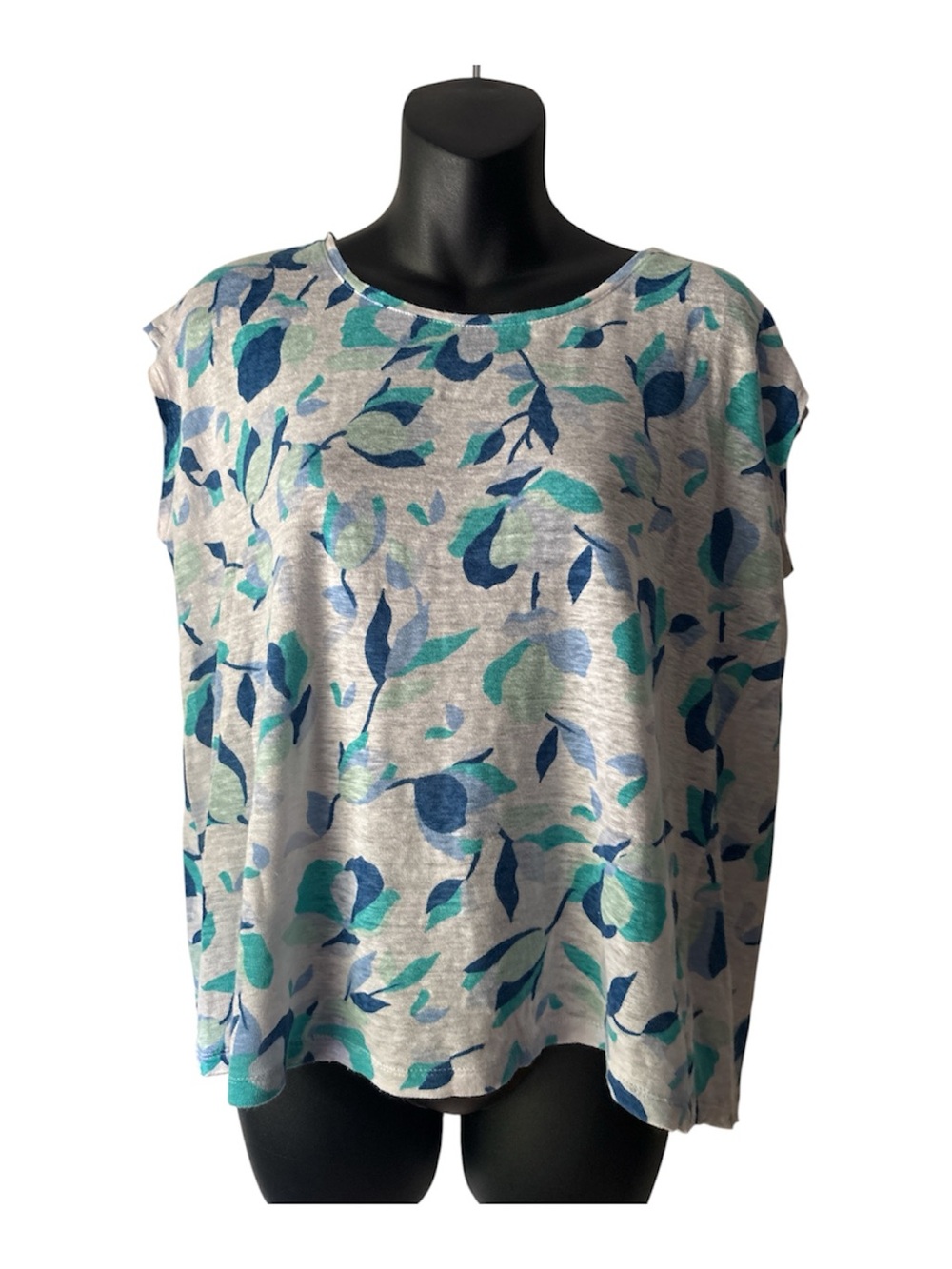 Rachel Zoe Women’s Linen Blue Teal Leaf Print Cap Sleeve Top Size M.